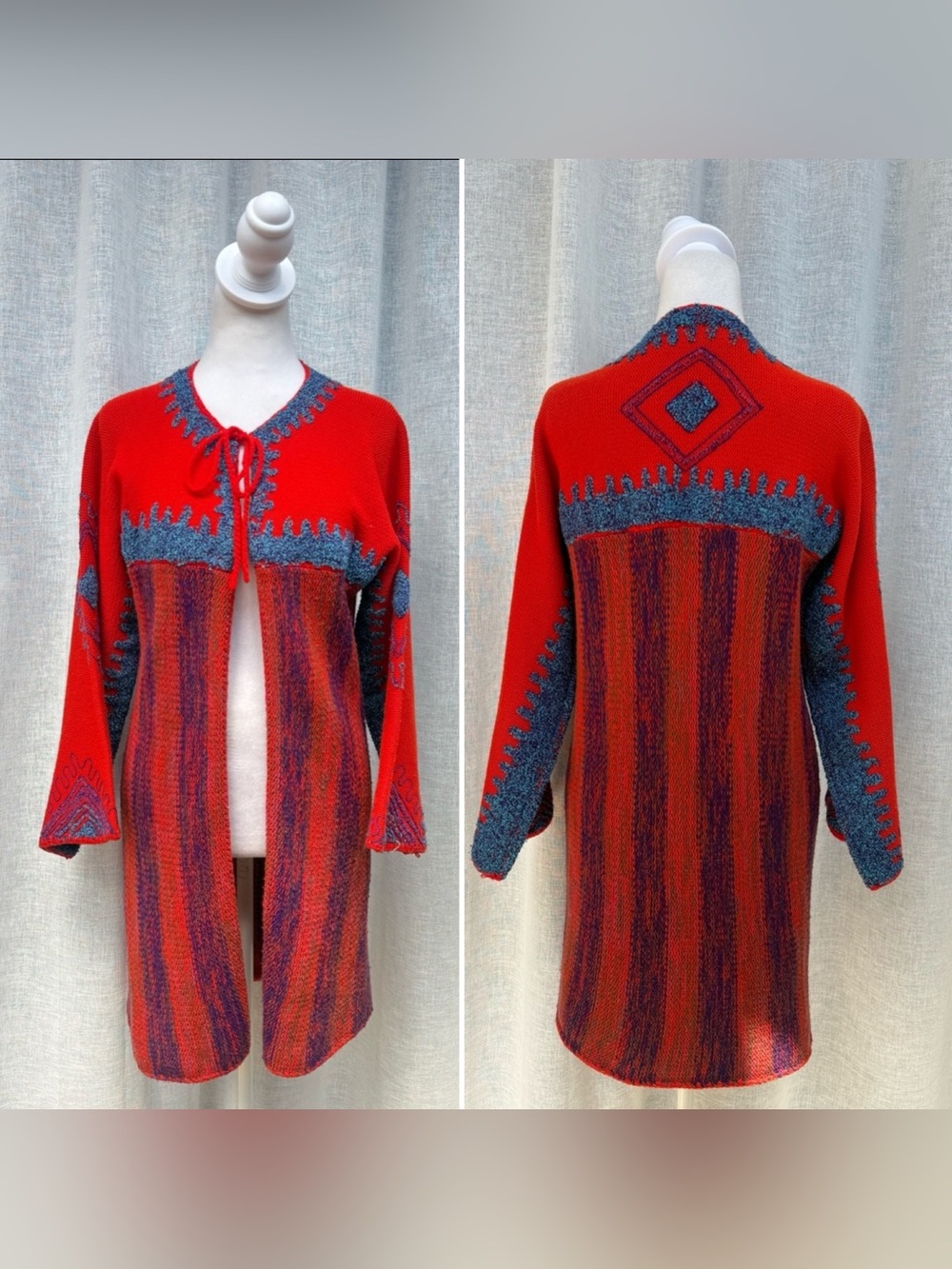 1970s Rikma striped duster jacket featuring a red and blue knitted
